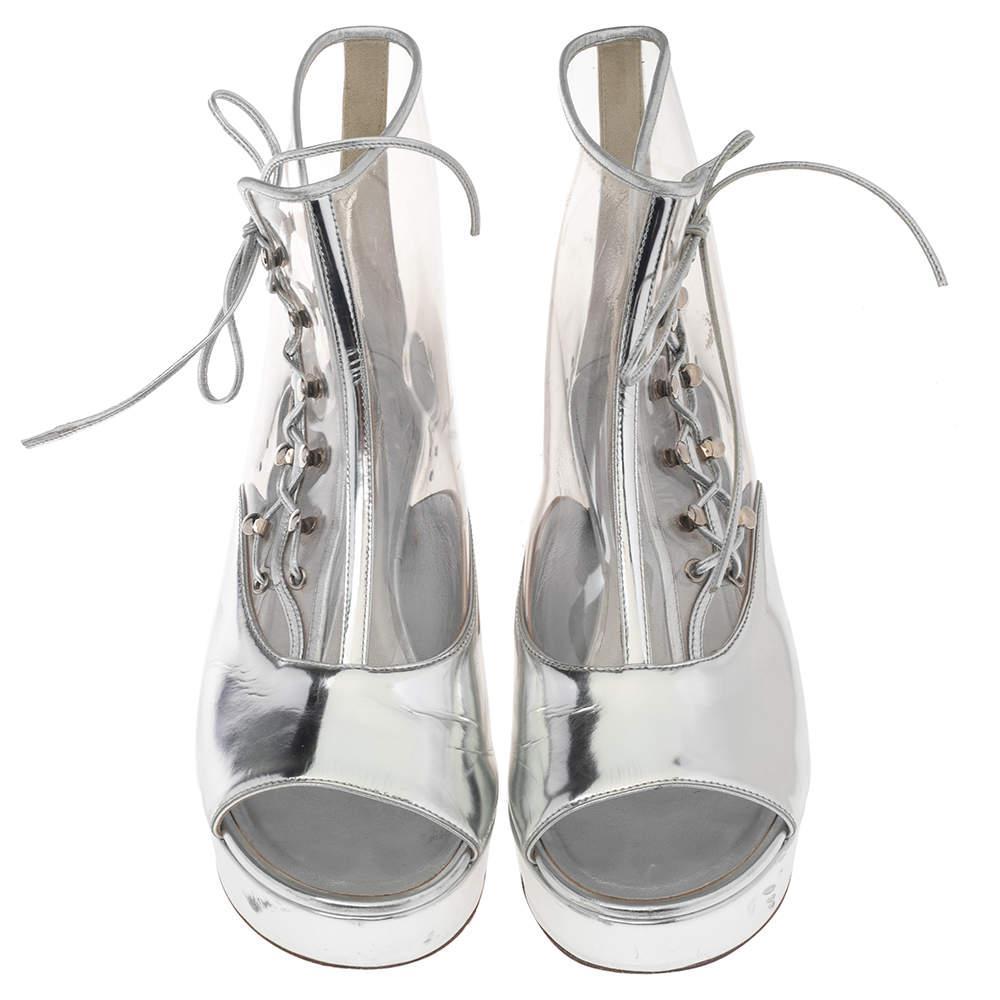 商品[二手商品] Chanel|Chanel Silver/Transparent Leather and PVC Lace Open Toe Ankle Boots Size 40,价格¥4244,第5张图片详细描述