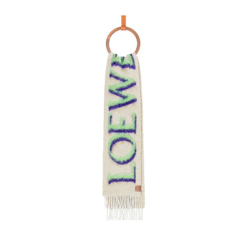 商品Loewe|【预售3-7天】罗意威 23年早春新款 男士白色/绿色羊毛和马海毛混纺Logo围巾F811257X03-2104,价格¥4543,第1张图片