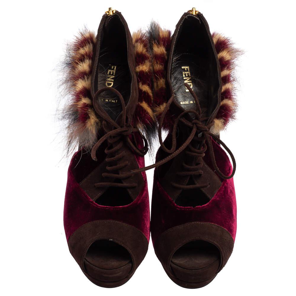 Fendi Burgundy/Brown Velvet, Suede and Fur Trim Lace-Up Peep-Toe Ankle Booties Size 40商品第3张图片规格展示