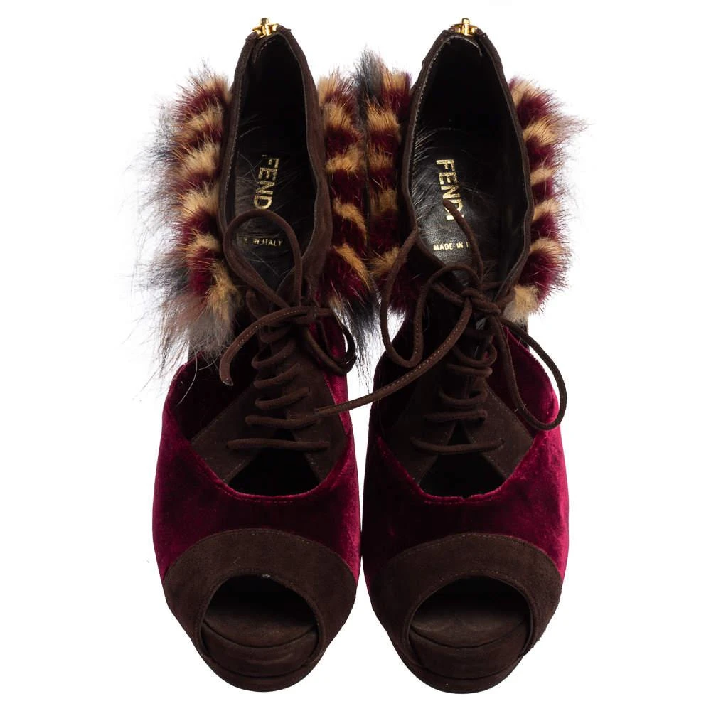 商品[二手商品] Fendi|Fendi Burgundy/Brown Velvet, Suede and Fur Trim Lace-Up Peep-Toe Ankle Booties Size 40,价格¥1029,第3张图片详细描述