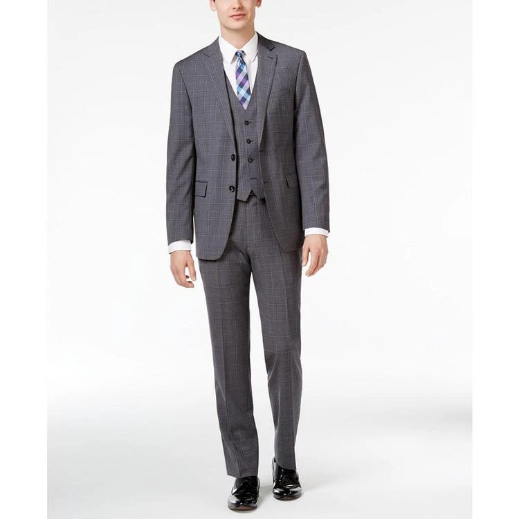 商品Calvin Klein|Men's Modern-Fit Gray and Blue Plaid Windowpane Vested Suit,价格¥733,第1张图片