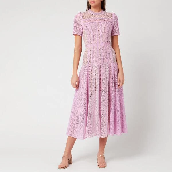 商品Self Portrait|Self-Portrait Women's Lilac Lace Panel Midi Dress - Lilac,价格¥1305,第1张图片