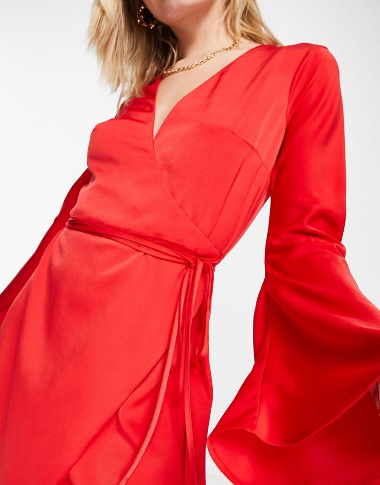 ASOS DESIGN bias cut satin wrap mini dress with tie waist in red商品第4张图片规格展示