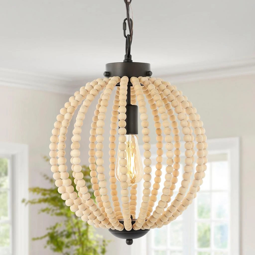 商品JONATHAN Y|Abril 12.5" 1-Light Rustic Bohemian Iron/Wood Bead LED Pendant,价格¥1165,第1张图片