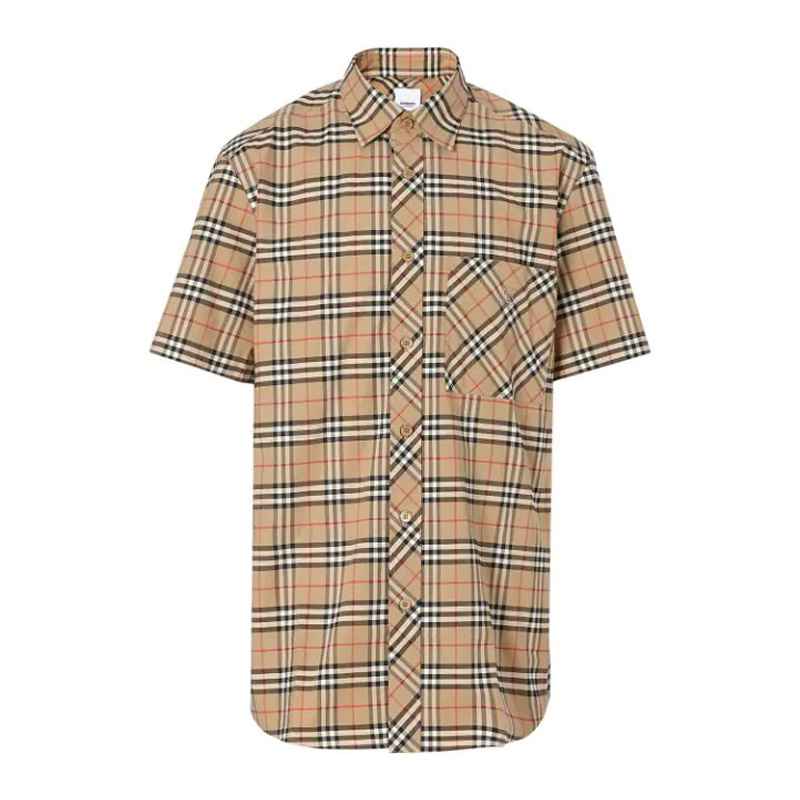 商品Burberry|Burberry 博柏利 男士米色经典格纹短袖衬衫 8017297,价格¥2177,第1张图片