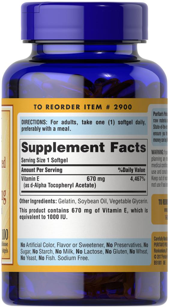 Vitamin E-100% 1000 IU Naturally Sourced 100 Softgels商品第5张图片规格展示