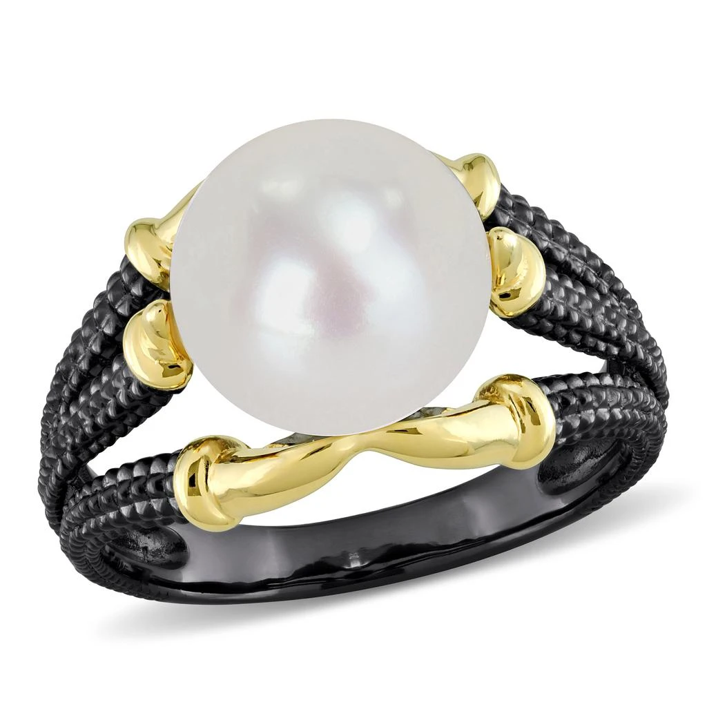 商品Mimi & Max|10.5-11mm White Cultured Freshwater Pearl on Two-Tone Split Shank Ring in Yellow and Black Rhodium Plated Sterling Silver,价格¥397,第1张图片