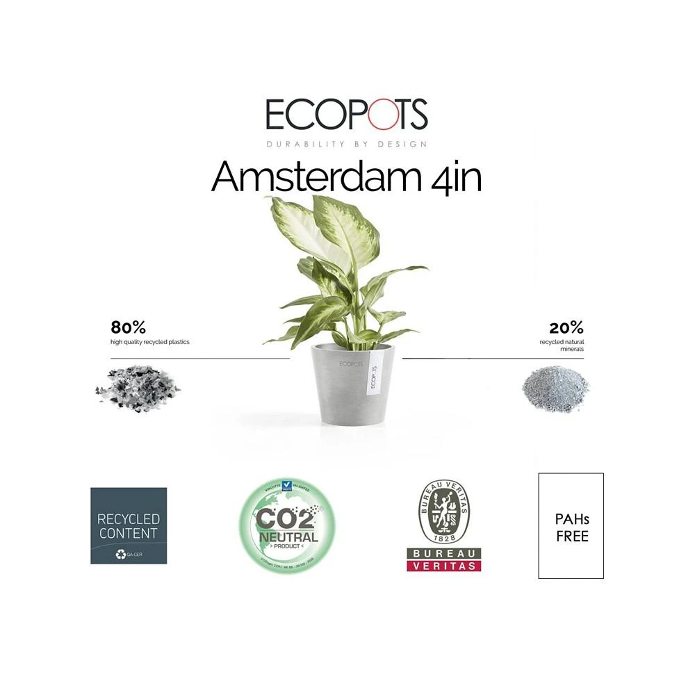 商品ECOPOTS|Amsterdam Round Plastic Flower Pot, White Grey, 4",价格¥81,第3张图片详细描述
