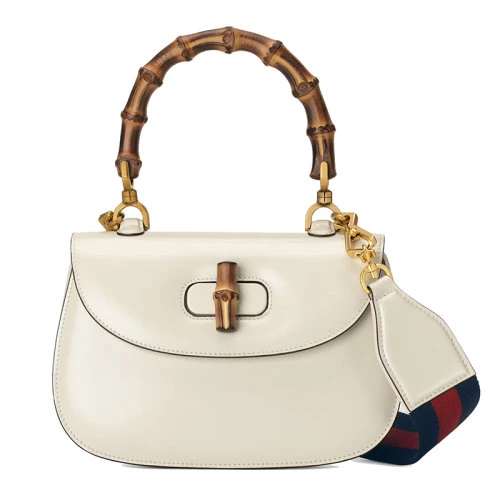 商品Gucci|GUCCI/古驰 女士小号白色皮革竹节配件附皮革和织带互换肩带竹子提手饰面斜跨单肩手提包67579710ODT8454,价格¥31874,第1张图片