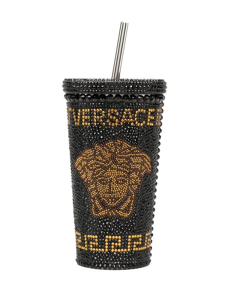 商品Versace|Cup With Lid And Black And Gold Straw In Metal And Plastic Descorazione With Strass,价格¥6062,第1张图片