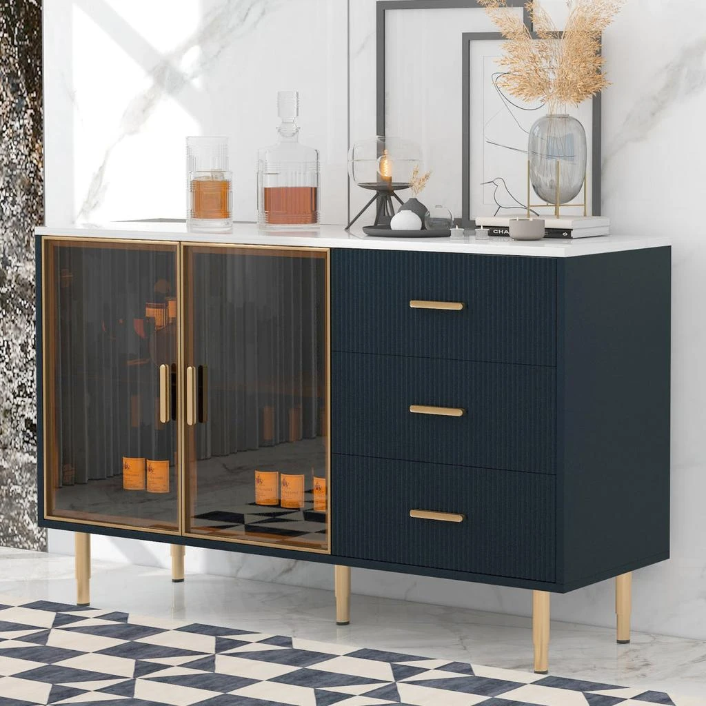 商品Simplie Fun|Modern Sideboard MDF Buffet Cabinet Marble Sticker Tabletop and Amber-yellow Tempered Glass Doors,价格¥4866,第1张图片