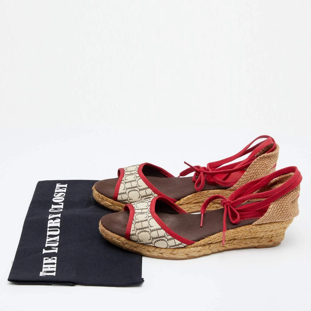 CH Carolina Herrera Multicolor Monogram Canvas And Jute Espadrille Ankle Wrap Sandals Size 39 商品