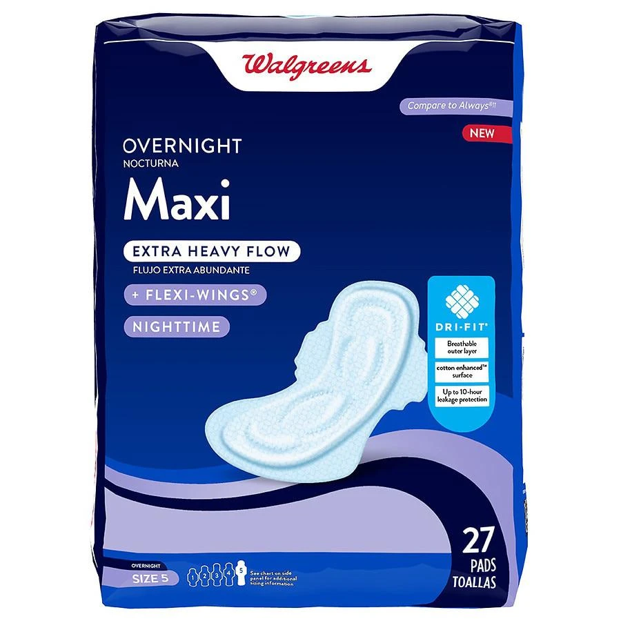 商品Walgreens|Maxi Pads, Extra Heavy Overnight, With Flexi-Wings Unscented, Size 5 (ct 27),价格¥49,第1张图片