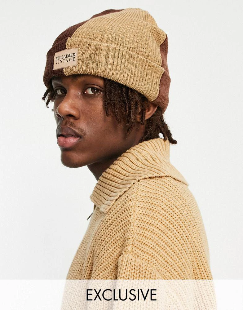 商品Reclaimed Vintage|Reclaimed Vintage unisex colourblock beanie hat in brown tones,价格¥67,第1张图片