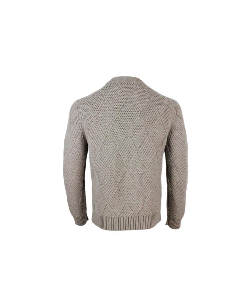 Long Sleeve Round Neck Sweater In 100% Cashmere With English Rib Diamond Pattern商品第3张图片规格展示