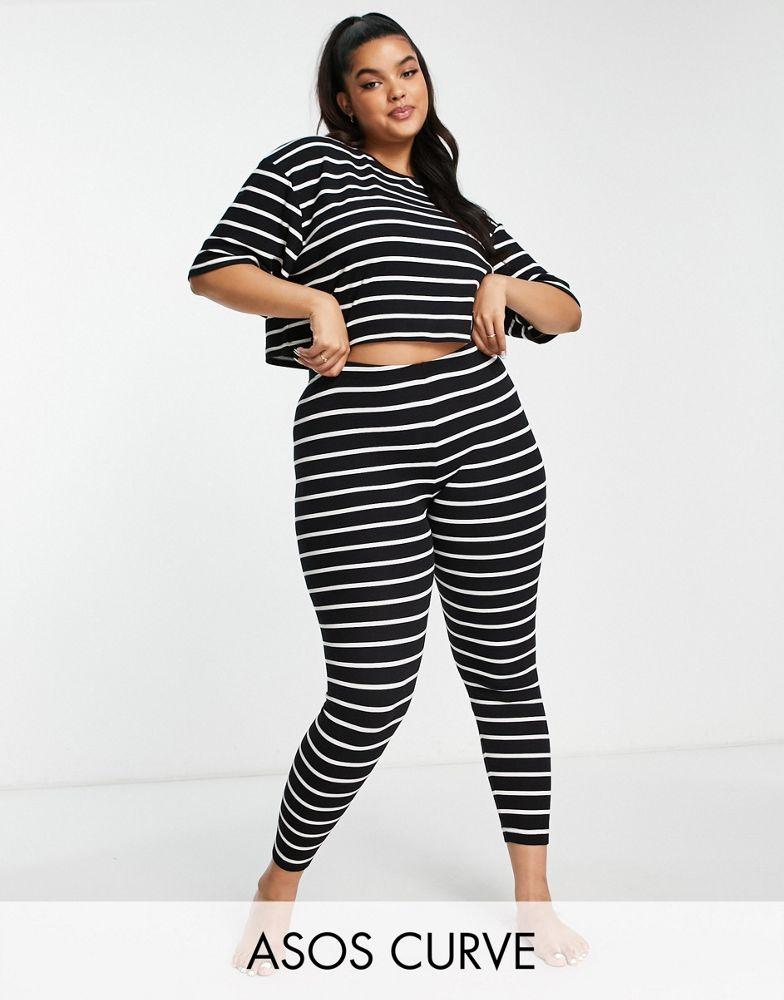 ASOS DESIGN Curve rib stripe tee & legging pyjama set in black & white商品第1张图片规格展示