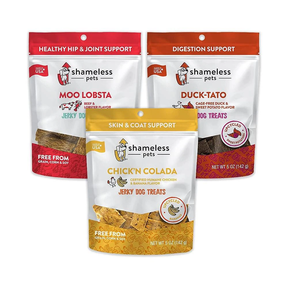 商品Shameless Pets|Duck-Tato, Chick'n Colada, Moo Lobsta Jerky Bite Dog Treats, Moo Lobsta(1), Duck-Tato(1), Chick'N Colada(1) Variety Pack, 3 Count,价格¥258,第1张图片