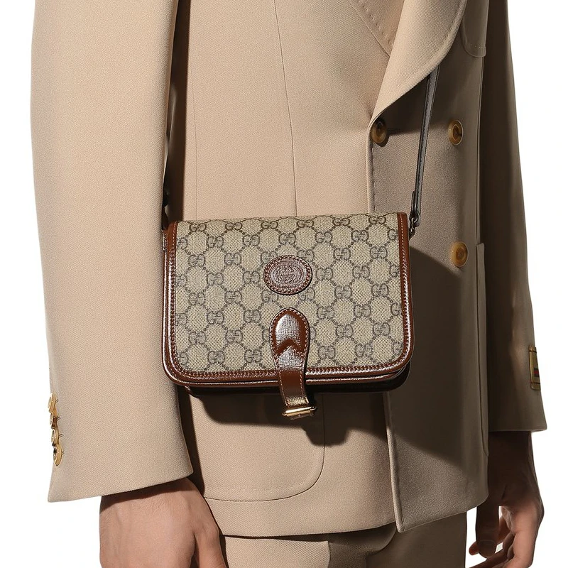 商品[国内直发] Gucci|古驰 老花Logo 皮革 邮差包风琴包单肩斜挎包 迷你 男女同款 棕色,价格¥9357,第8张图片详细描述