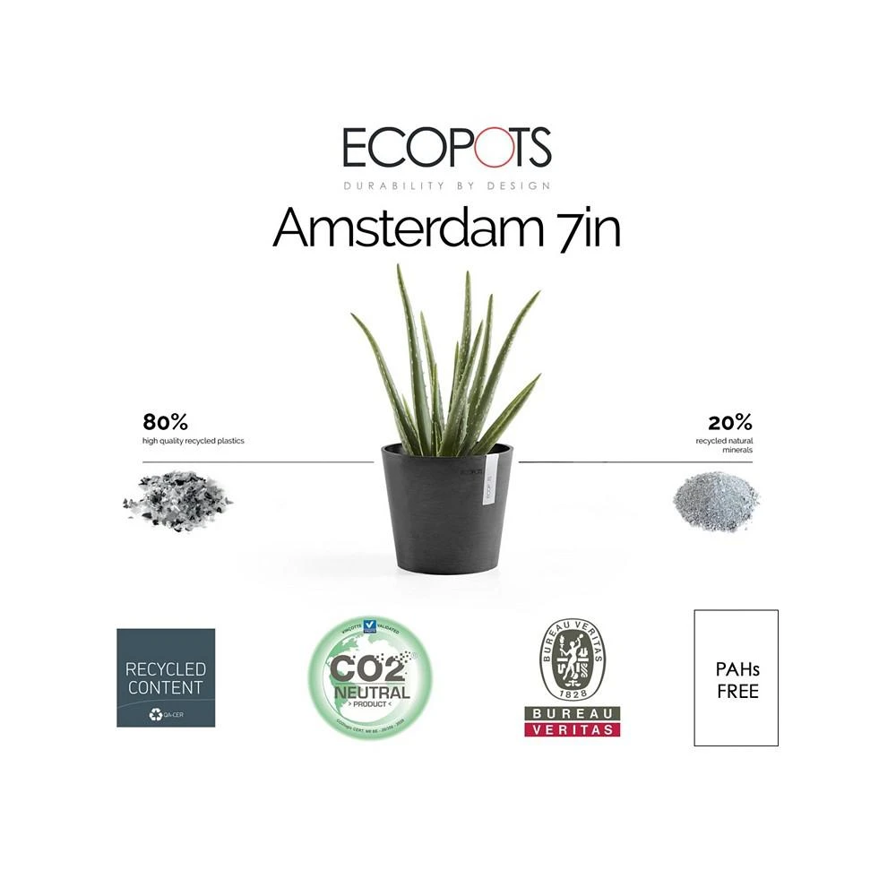 商品ECOPOTS|Amsterdam Round Plastic Flower Pot, Dark Grey, 7",价格¥137,第3张图片详细描述