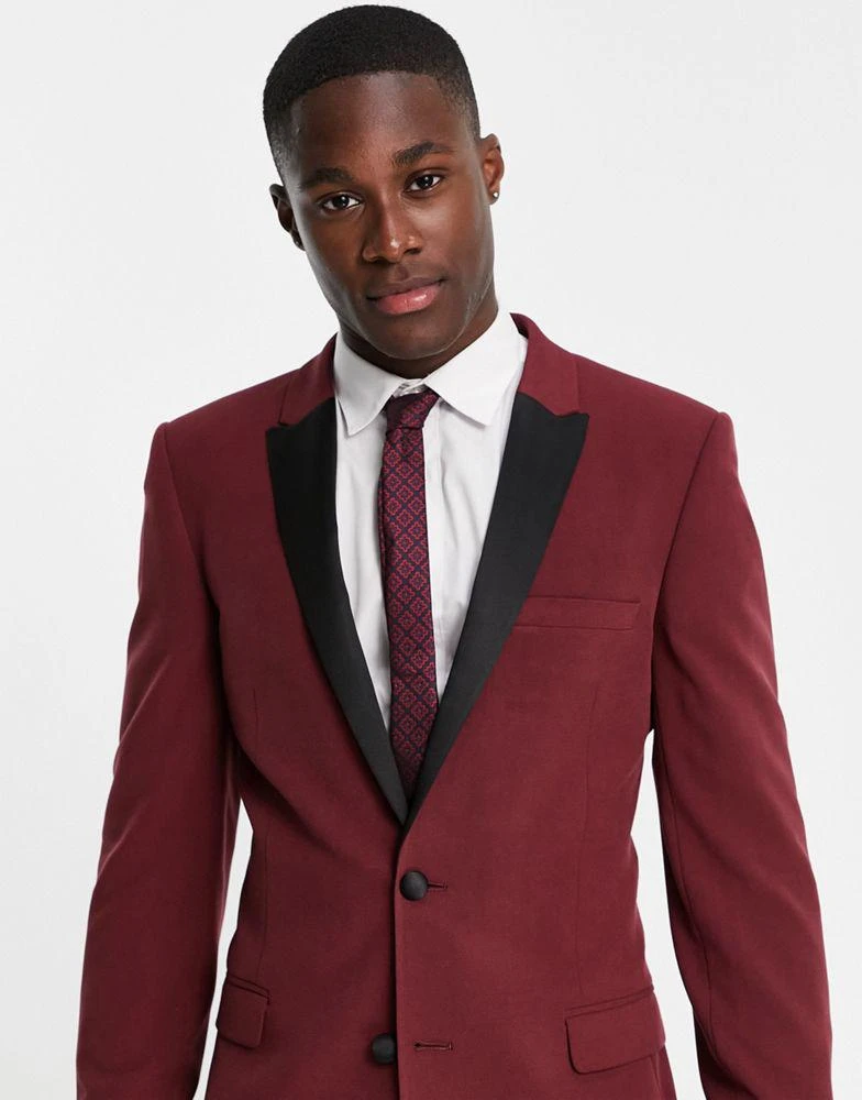 商品ASOS|ASOS DESIGN super skinny tuxedo jacket in burgundy with black lapel,价格¥413,第3张图片详细描述