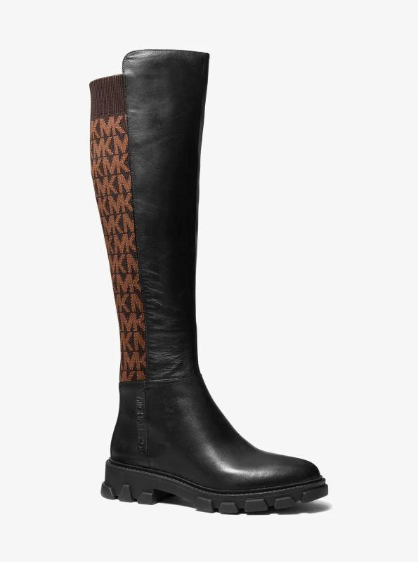 商品Michael Kors|Ridley Leather and Logo Jacquard Knee Boot,价格¥1305,第1张图片