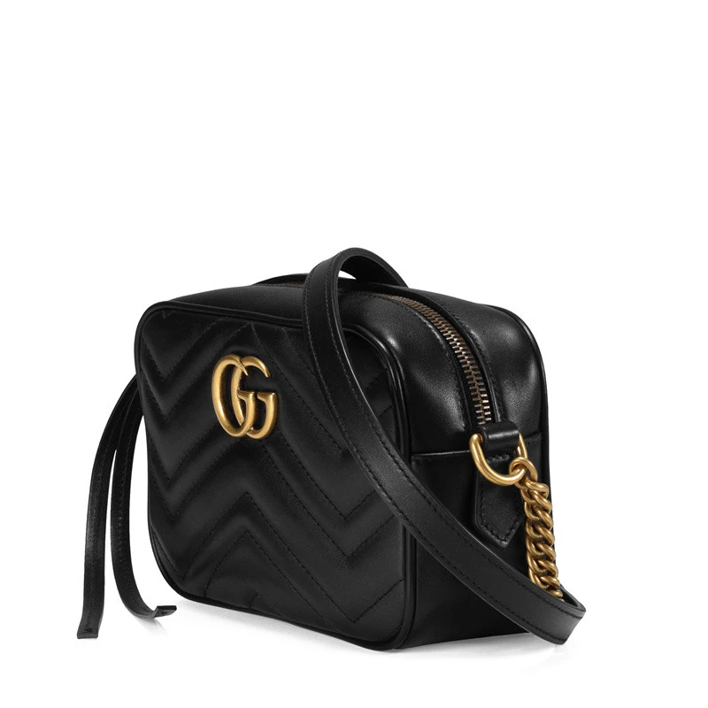 GUCCI/古驰 迷你GG Marmont女士黑色牛皮波浪纹双G链条单肩斜挎相机包 商品