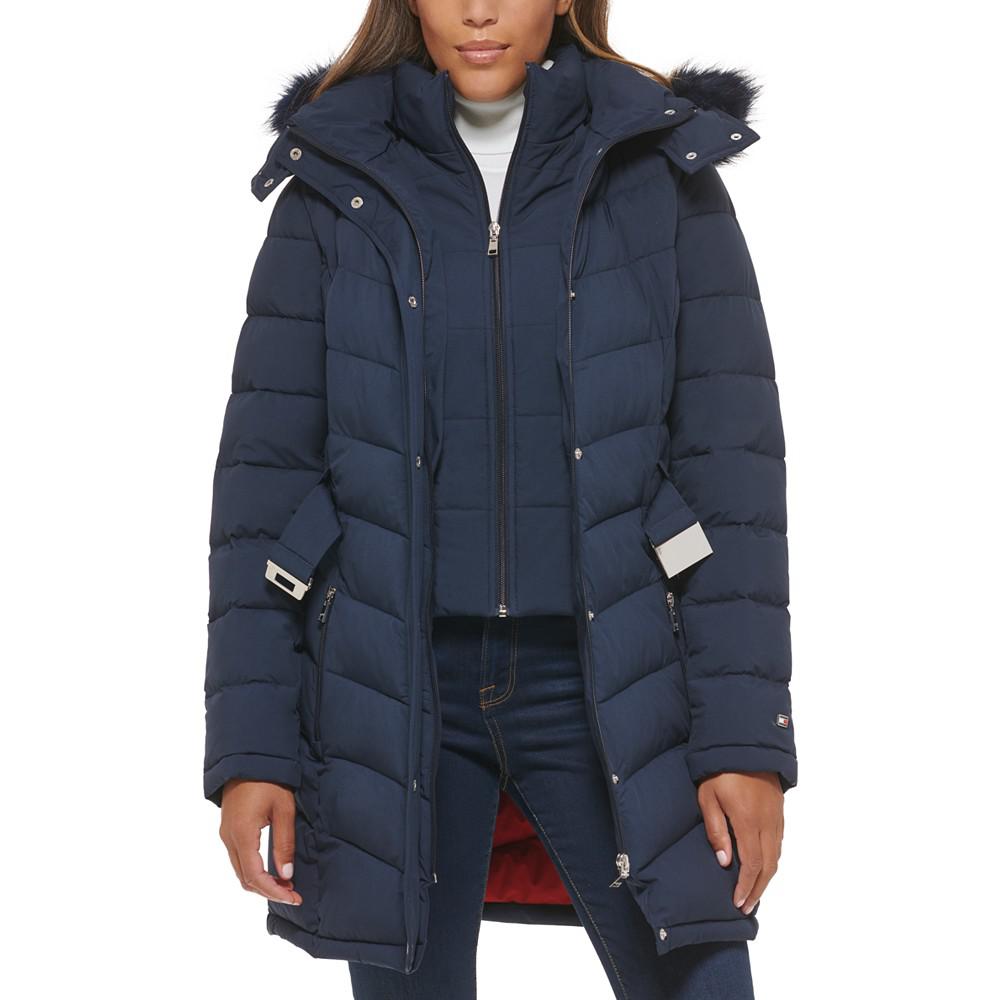 Women's Belted Faux-Fur-Trim Hooded Puffer Coat, Created for Macy's商品第5张图片规格展示