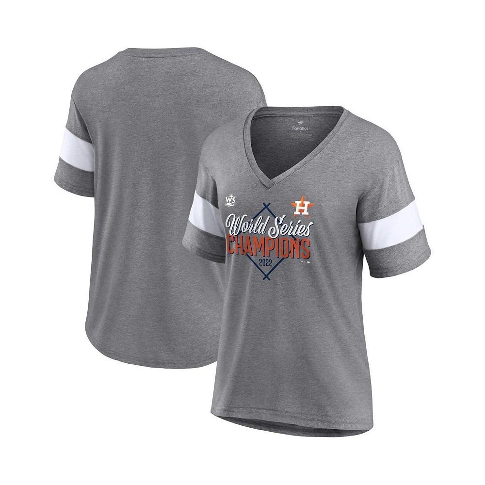 商品Fanatics|Women's Branded Heather Gray Houston Astros 2022 World Series Champions Appeal Play Tri-Blend V-Neck T-shirt,价格¥287,第1张图片