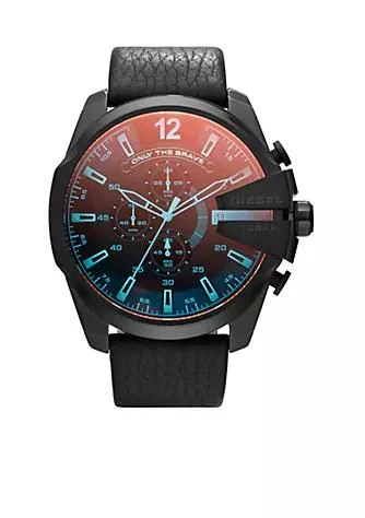 商品Diesel|Mens Black Leather And Iridescent Dial Master Chief Watch,价格¥1791,第1张图片
