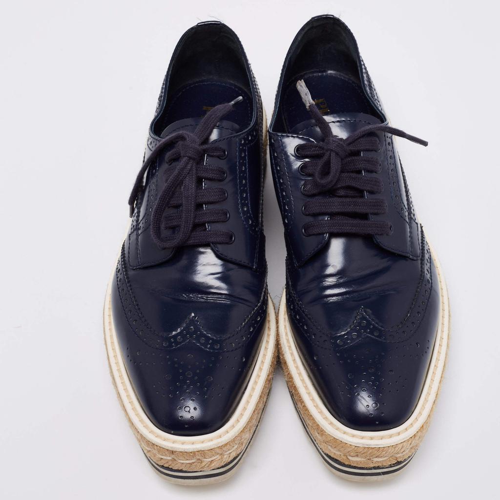 Prada Navy Blue Brogue Leather Derby Lace-Up Espadrille Sneakers Size 39商品第3张图片规格展示