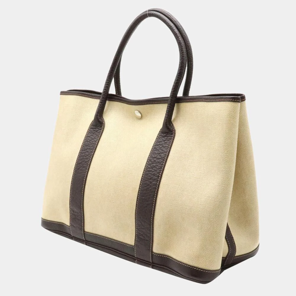 商品[二手商品] Hermes|Hermes Garden Party PM Tote Bag Handbag Twarash Negonda Leather Beige Dark Brown T Engraved,价格¥12165,第2张图片详细描述
