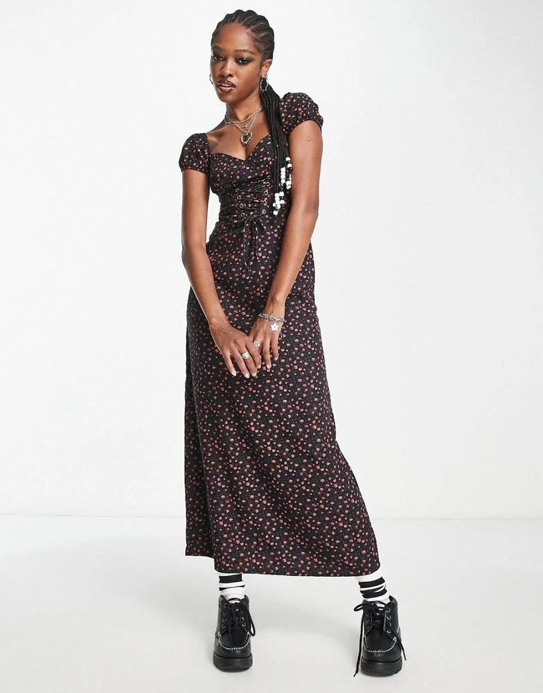 商品Motel|Motel rosebud print grunge lattice detail midaxi dress in black,价格¥295,第1张图片