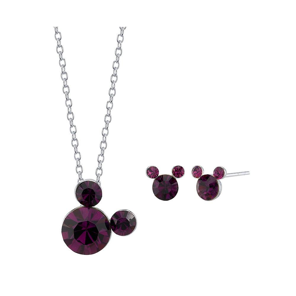 Silver Plated Crystal Birthstone Mickey Mouse Earring and Necklace Set, 16"+2" Extender商品第1张图片规格展示