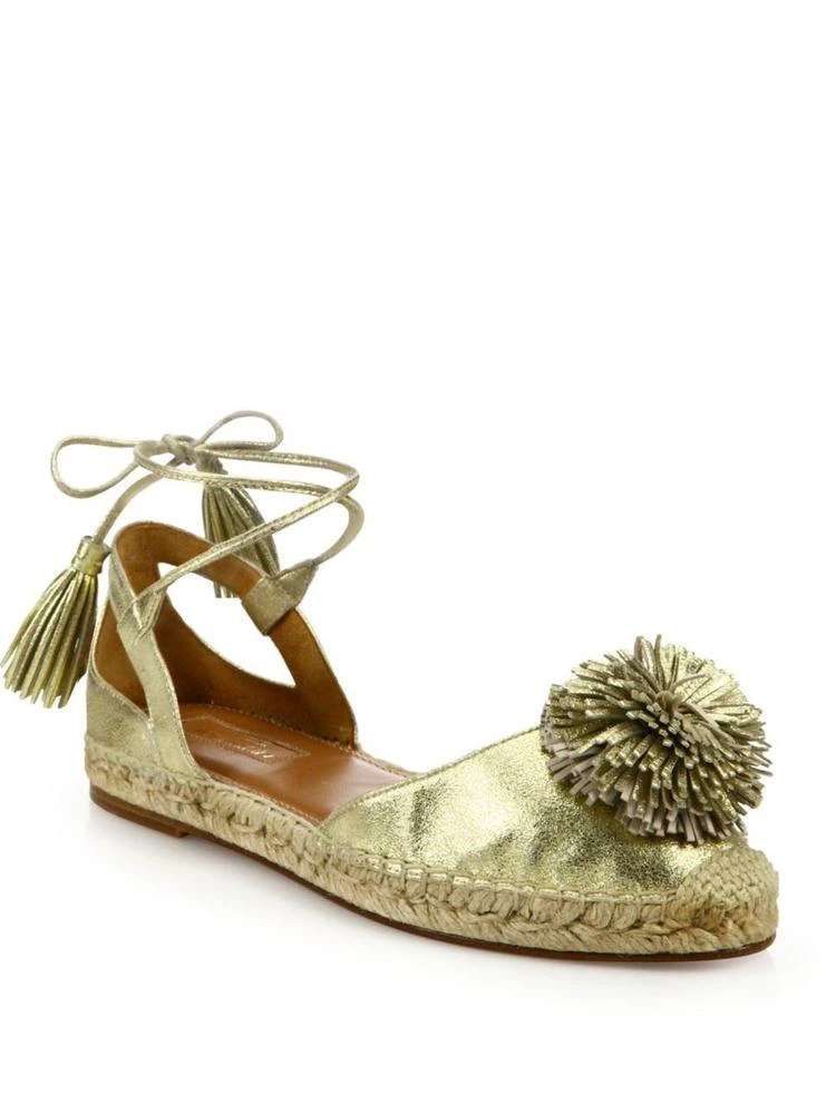 商品Aquazzura|Sunshine Pom-Pom Metallic Leather Espadrille Flats,价格¥1784,第1张图片