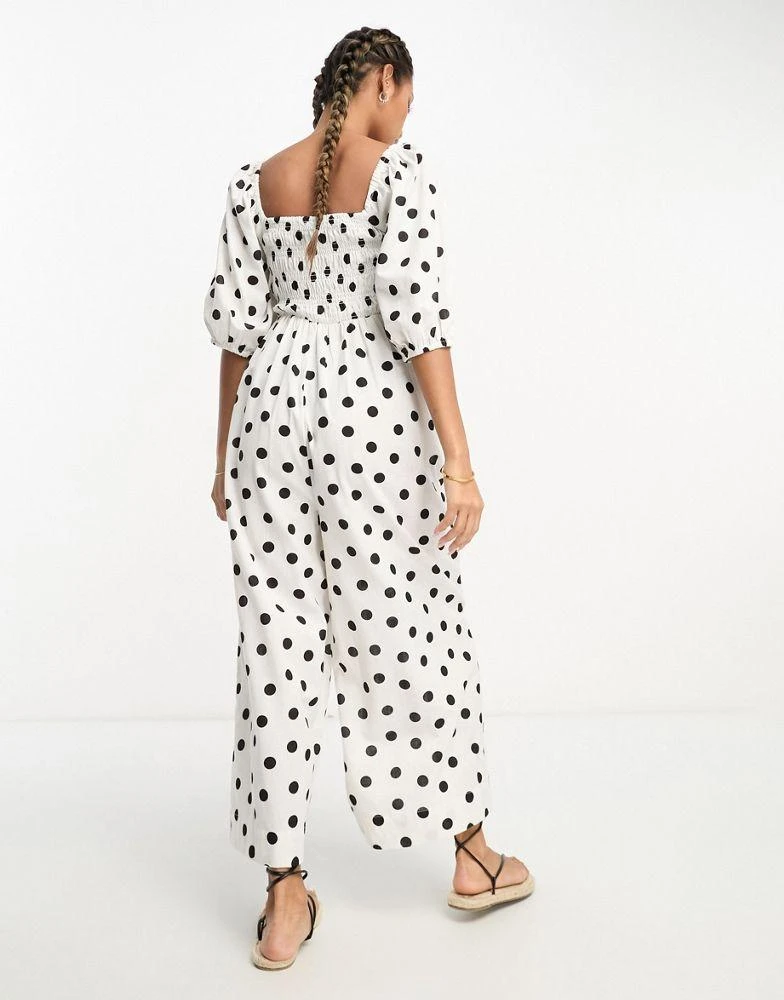 商品ASOS|ASOS DESIGN linen look shirred bodice puff sleeve jumpsuit in mono spot print,价格¥267,第2张图片详细描述