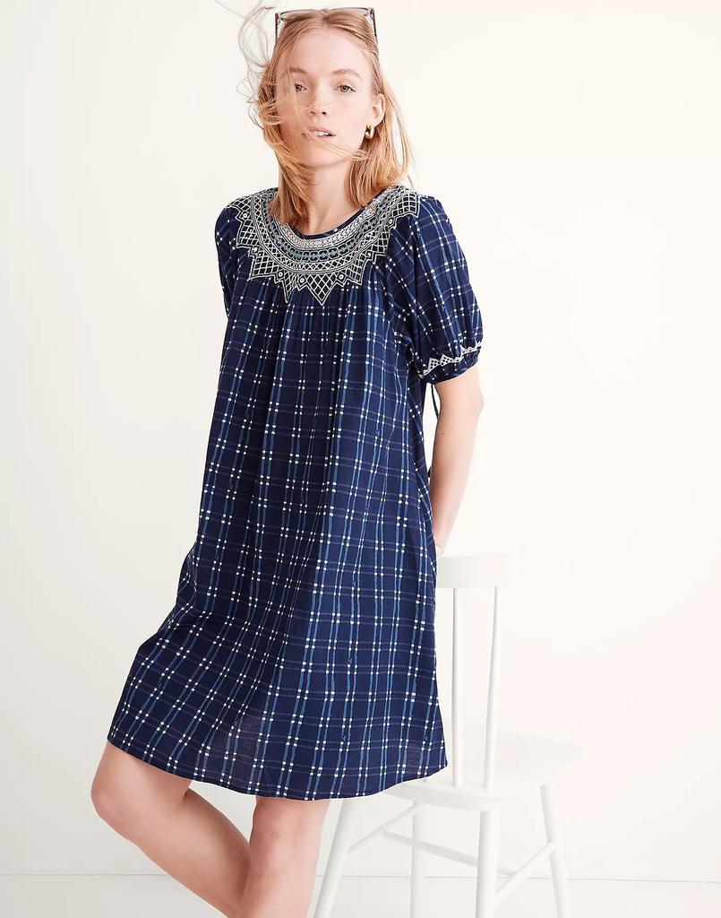 商品Madewell|Embroidered Puff-Sleeve Babydoll Dress in Indigo Plaid,价格¥792,第4张图片详细描述