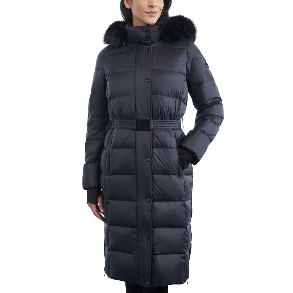 Women's Belted Faux-Fur-Trim Hooded Maxi Puffer Coat商品第1张图片规格展示