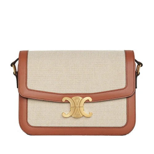 商品Celine|【包税】CELINE/赛琳 20TRIOMPHE系列 中号棕色皮革拼米色帆布单肩斜挎包 191242BGI.04LV,价格¥22787,第1张图片