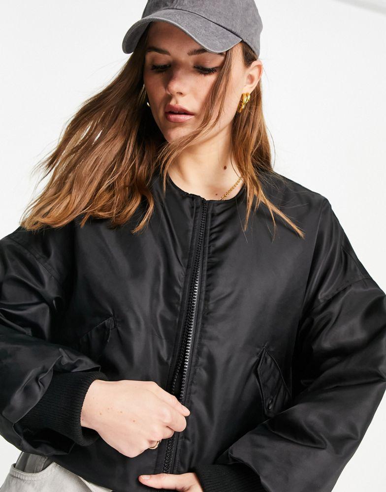Topshop cropped collarless bomber jacket in black商品第3张图片规格展示