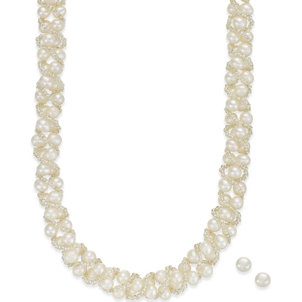 商品Macy's|Cultured Freshwater Pearl Necklace (4mm pearls) and Stud Earrings (6mm pearls)) Set in Sterling Silver,价格¥445,第1张图片