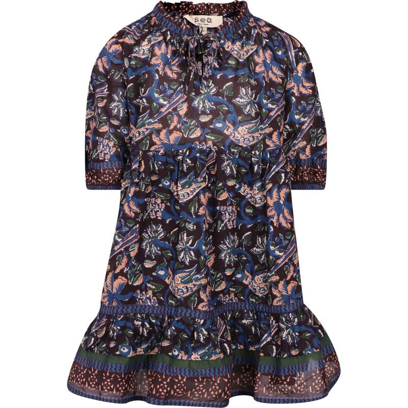 Noah floral print dress with ruffle neck and ties in navy商品第1张图片规格展示