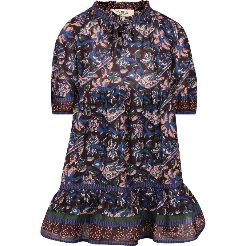 商品Sea|Noah floral print dress with ruffle neck and ties in navy,价格¥1703,第1张图片