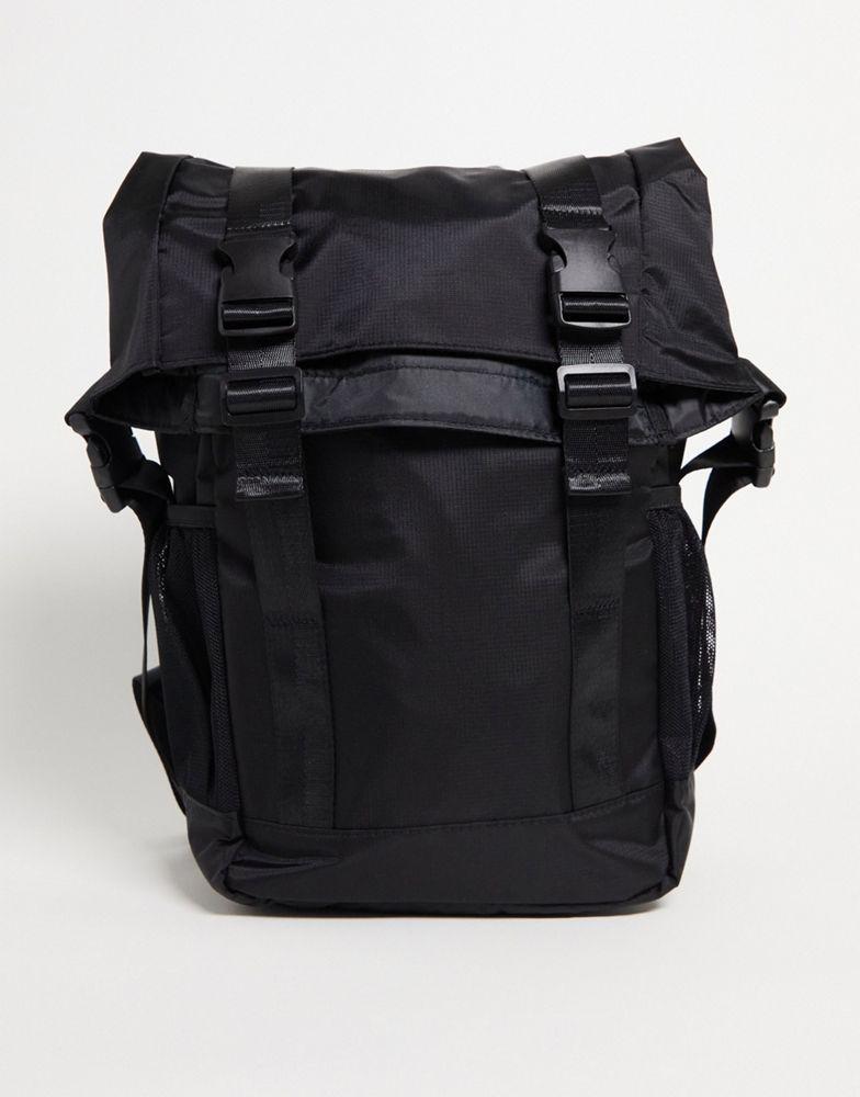商品ASOS|ASOS DESIGN rolltop backpack in black nylon with double straps - BLACK,价格¥237,第1张图片