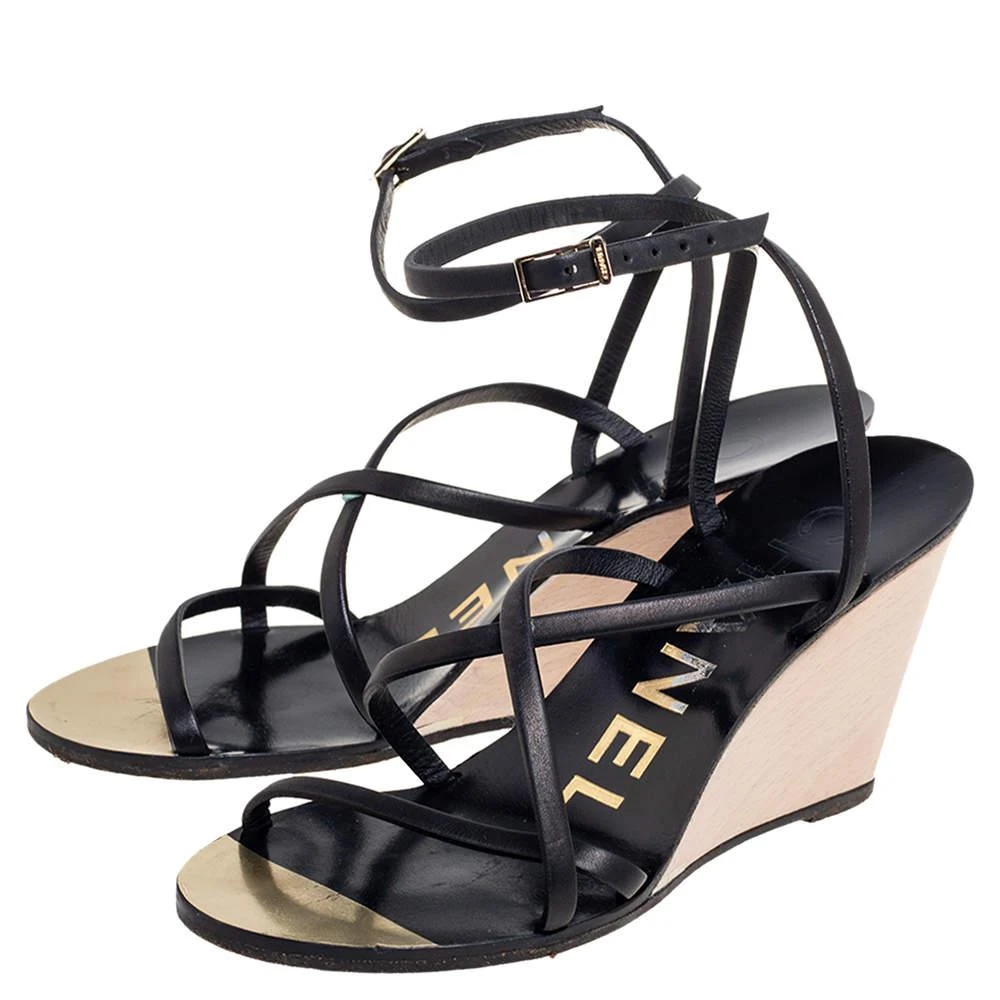 商品[二手商品] Chanel|Chanel Black Leather Strappy Ankle Wedge Sandals Size 36,价格¥1505,第4张图片详细描述