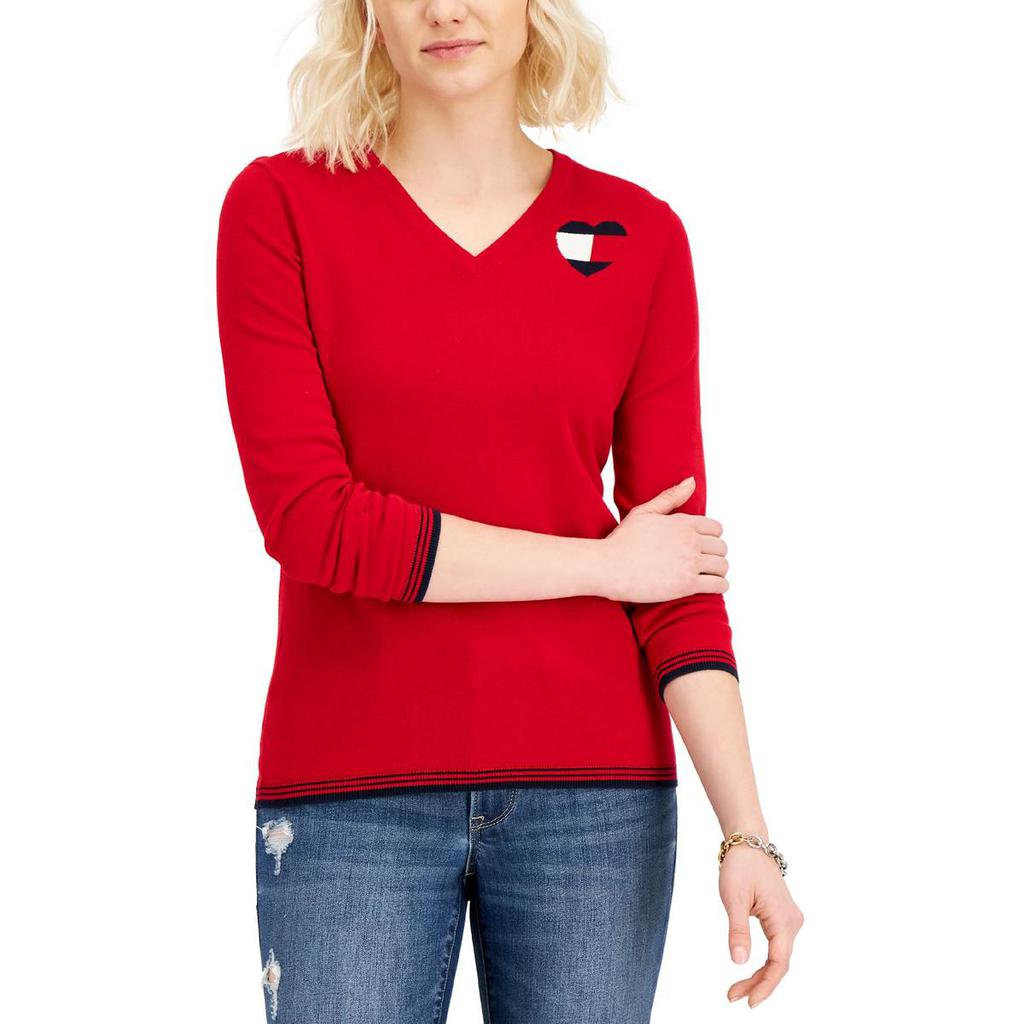 Tommy Hilfiger Womens Heart Pullover Ribbed Trim V-Neck Sweater商品第2张图片规格展示