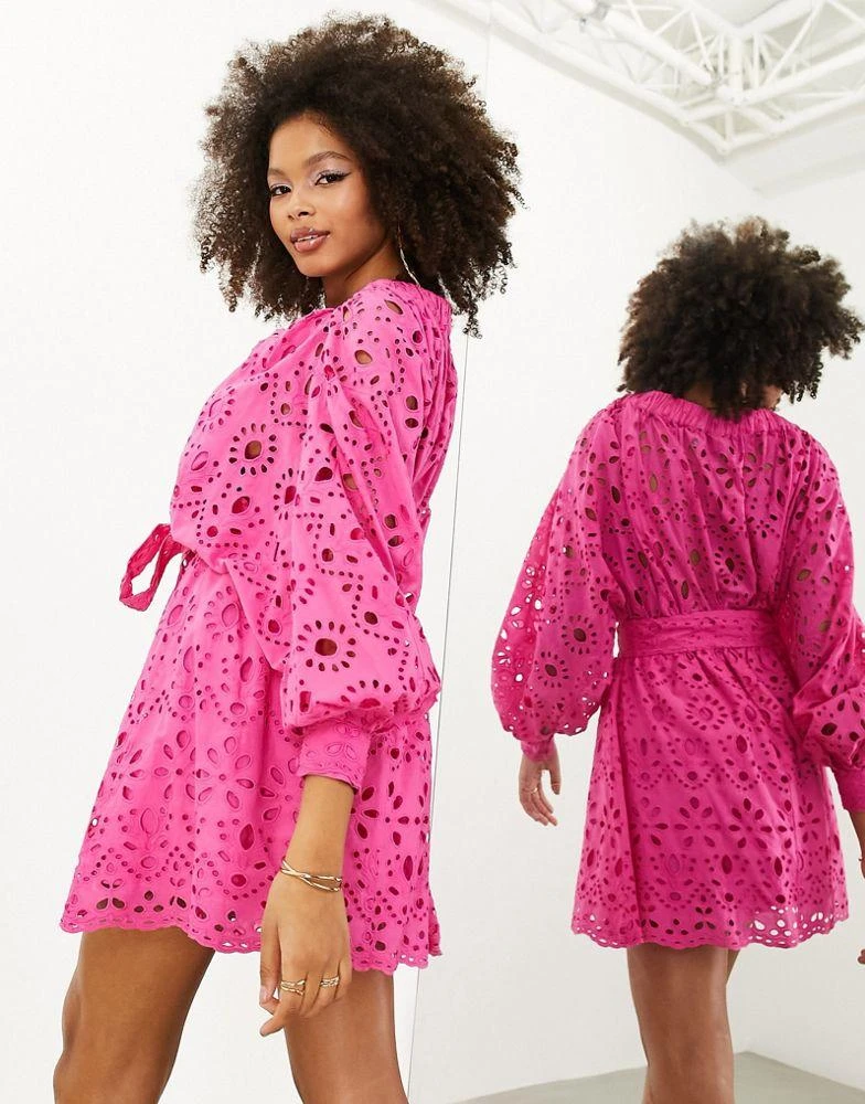 商品ASOS|ASOS EDITION broderie wrap belted mini dress in bright pink,价格¥605,第2张图片详细描述