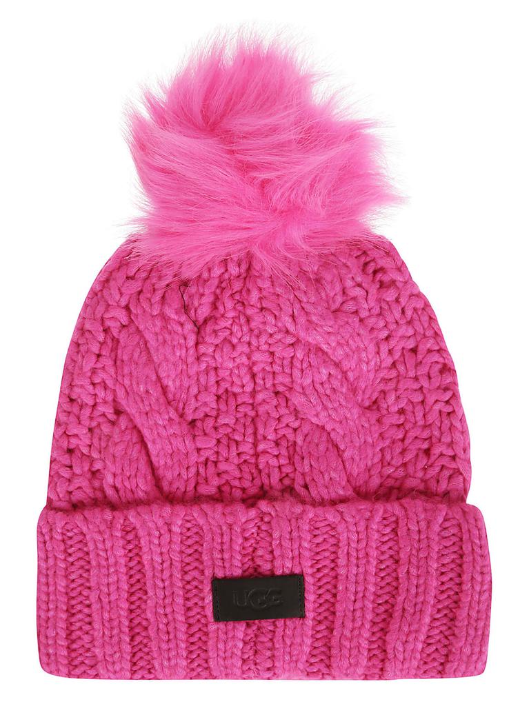 UGG W Knit Cable Hat W F Fur Pom Neon Pink商品第1张图片规格展示