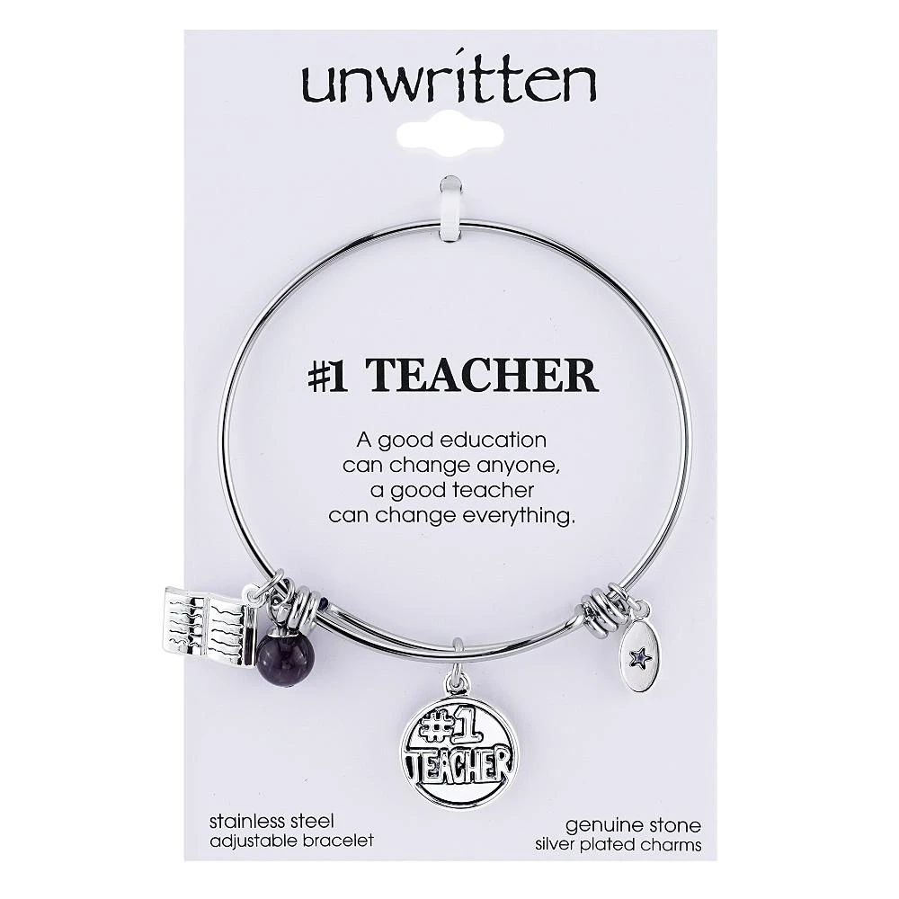 商品Unwritten|No. 1 Teacher Charm and Cherry Quartz (8mm) Bangle Bracelet in Stainless Steel,价格¥165,第1张图片