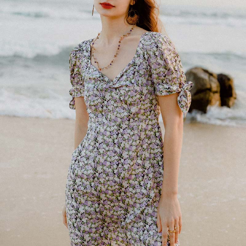 Zahra紫色小雏菊印花纽结泡泡袖复古连衣裙 | Zahra Dress - Floral Print商品第4张图片规格展示