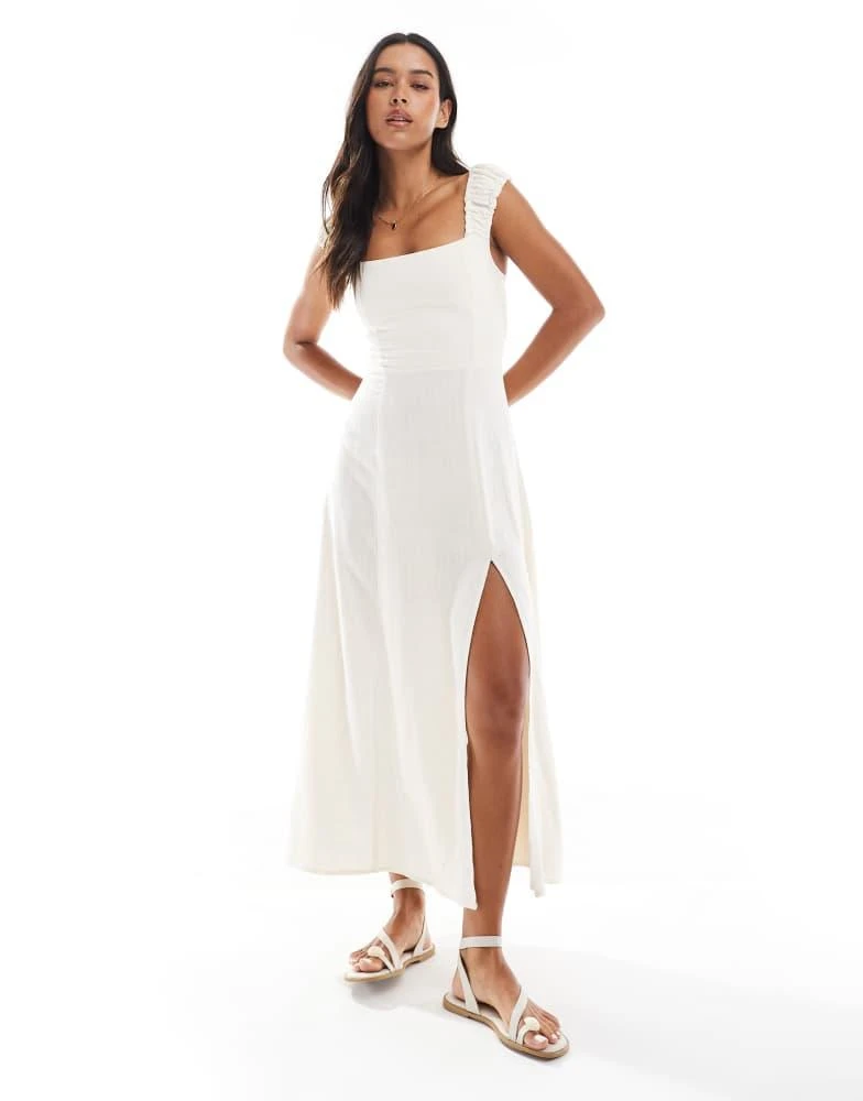 商品Stradivarius|Stradivarius milkmaid midi dress with slit in beige,价格¥373,第1张图片